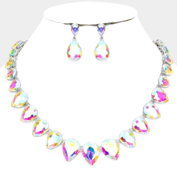 Silver Teardrop Crystal Necklace Set Fashion Statement Evening Jewelry Accessory - Picture 1 of 3
